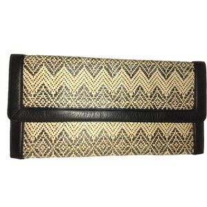 Banana Republic Grass Weave Black Leather Trim Clutch Wallet Envelope Purse 12"